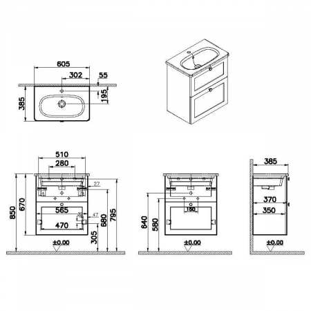 Unitate de baza lavoar baie, cu doua sertare, compact 60cm mat gri deschis, cu rounded lavoar / chiuveta baie | 68667 [1]