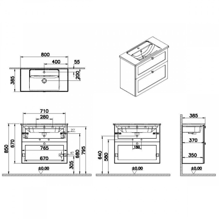 Unitate de baza lavoar baie, cu doua sertare, compact 80cm, mat dark albastru, cu angular lavoar / chiuveta baie | 68678 [1]