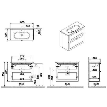 Unitate de baza lavoar baie, cu doua sertare, compact 80cm, mat dark albastru, cu rounded lavoar / chiuveta baie | 68685 [1]
