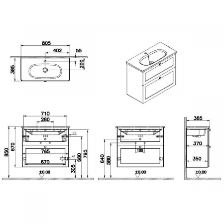 Unitate de baza lavoar baie, cu doua sertare, compact 80cm, alb mat, cu rounded lavoar / chiuveta baie | 68680 [1]