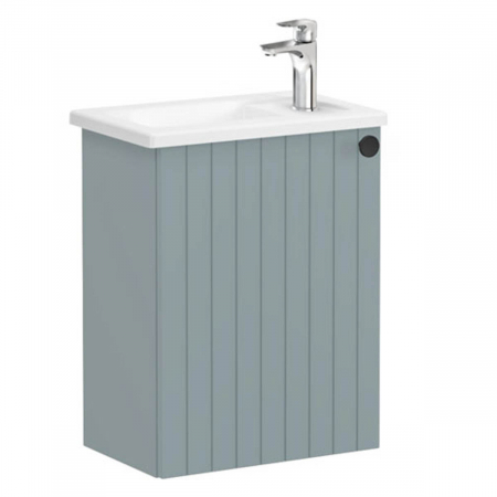Mobilier de baie - Unitate de baza lavoar baie, cu usi, 45cm, compact, cu dreapta orificiu pentru baterie, mat fijord green, cu angular lavoar / chiuveta baie stanga | 69180