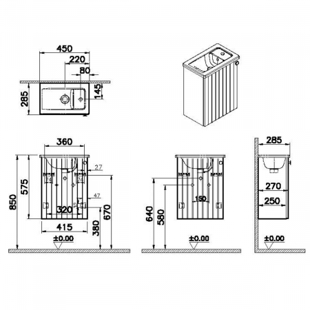 Unitate de baza lavoar baie, cu usi, 45cm, compact, cu dreapta orificiu pentru baterie, mat graphite, cu angular lavoar / chiuveta baie stanga | 69181 [1]