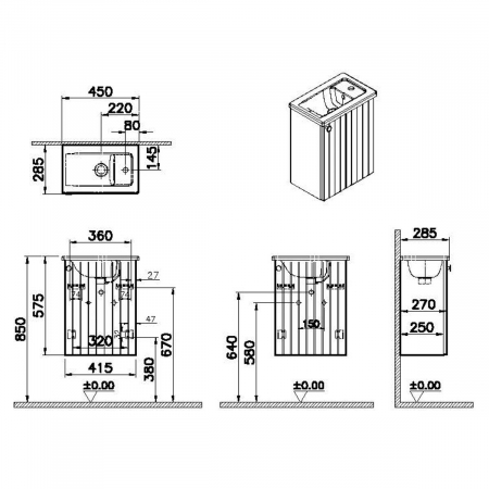 Unitate de baza lavoar baie, cu usi, 45cm, compact, cu dreapta orificiu pentru baterie, mat graphite, cu angular lavoar / chiuveta baie dreapta | 69188 [1]