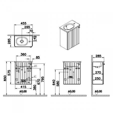 Unitate de baza lavoar baie, cu usi, 45cm, compact, cu dreapta orificiu pentru baterie, mat grey, cu rounded lavoar / chiuveta baie stanga | 69193 [1]