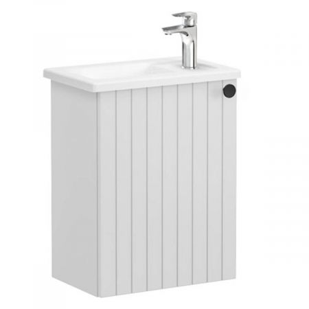 Mobilier de baie - Unitate de baza lavoar baie, cu usi, 45cm, compact, cu dreapta orificiu pentru baterie, mat gri deschis, cu angular lavoar / chiuveta baie stanga | 69178