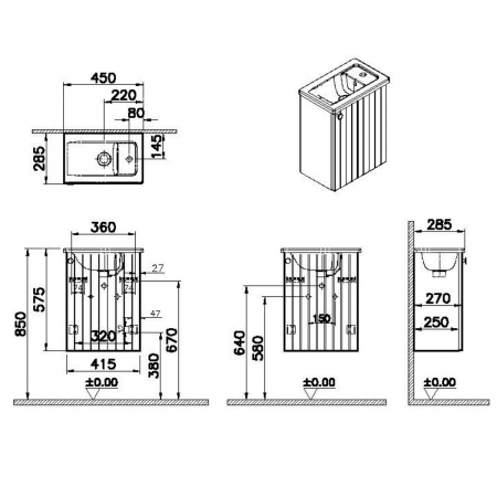 Unitate de baza lavoar baie, cu usi, 45cm, compact, cu dreapta orificiu pentru baterie, mat gri deschis, cu angular lavoar / chiuveta baie dreapta | 69185 [1]