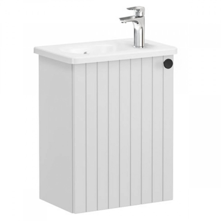 Mobilier de baie - Unitate de baza lavoar baie, cu usi, 45cm, compact, cu dreapta orificiu pentru baterie, mat gri deschis, cu rounded lavoar / chiuveta baie stanga | 69192