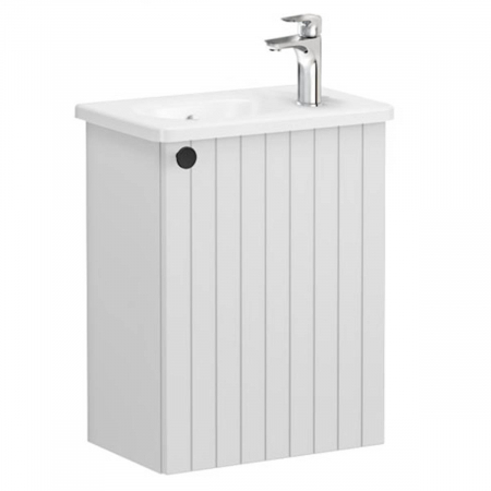 Mobilier de baie - Unitate de baza lavoar baie, cu usi, 45cm, compact, cu dreapta orificiu pentru baterie, mat gri deschis, cu rounded lavoar / chiuveta baie dreapta | 69199