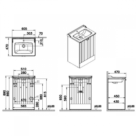 Unitate de baza lavoar baie, cu usi 60cm pe pardoseala, mat gri deschis, cu classical lavoar / chiuveta baie | 69339 [1]