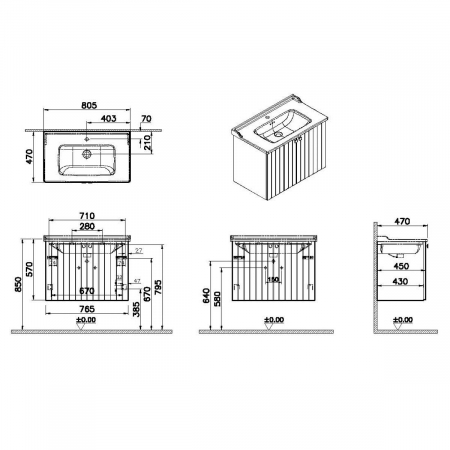 Unitate de baza lavoar baie, cu usi 80cm, mat grey, cu classical lavoar / chiuveta baie | 69298 [1]