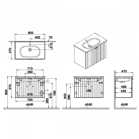 Unitate de baza lavoar baie, cu usi 80cm, mat gri deschis, cu rounded lavoar / chiuveta baie | 69290 [1]