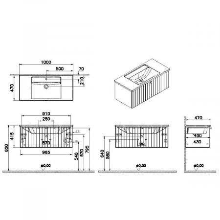 Unitate de baza lavoar baie, cu un sertar 100cm, mat gri deschis, cu angular lavoar / chiuveta baie | 69388 [1]