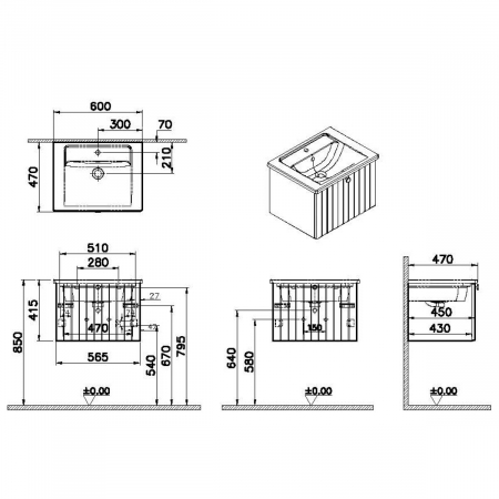 Unitate de baza lavoar baie, cu un sertar 60cm mat retro green, cu angular lavoar / chiuveta baie | 69351 [1]