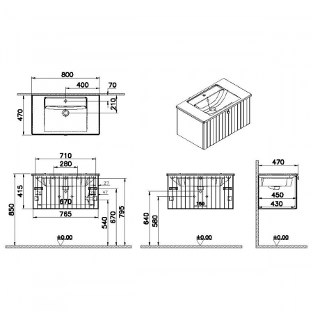 Unitate de baza lavoar baie, cu un sertar 80cm, mat retro green, cu angular lavoar / chiuveta baie | 69372 [1]