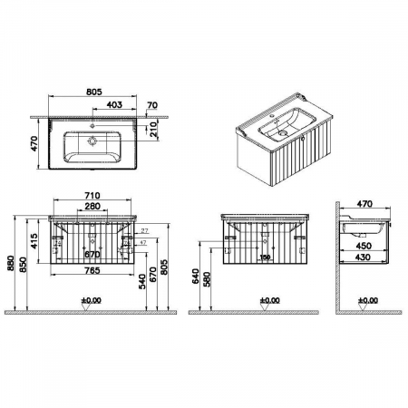 Unitate de baza lavoar baie, cu un sertar 80cm, alb mat, cu classical lavoar / chiuveta baie | 69380 [1]