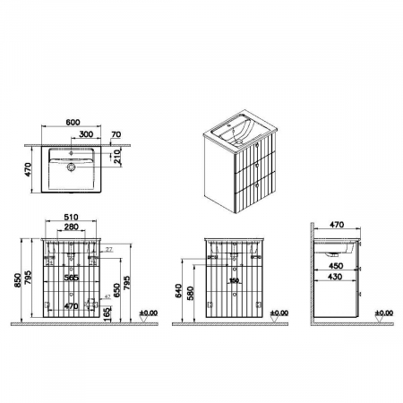 Unitate de baza lavoar baie, cu trei sertare 60cm mat graphite, cu angular lavoar / chiuveta baie | 69475 [1]
