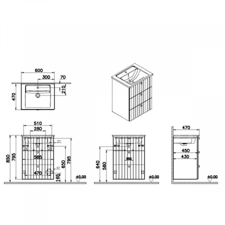 Unitate de baza lavoar baie, cu trei sertare 60cm mat retro green, cu angular lavoar / chiuveta baie | 69477 [1]