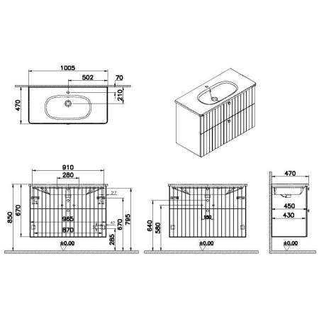 Unitate de baza lavoar baie, cu doua sertare 100cm, mat grey, cu rounded lavoar / chiuveta baie | 69459 [1]