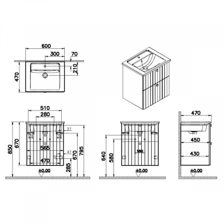 Unitate de baza lavoar baie, cu doua sertare 60cm mat graphite, cu angular lavoar / chiuveta baie | 69412 [1]