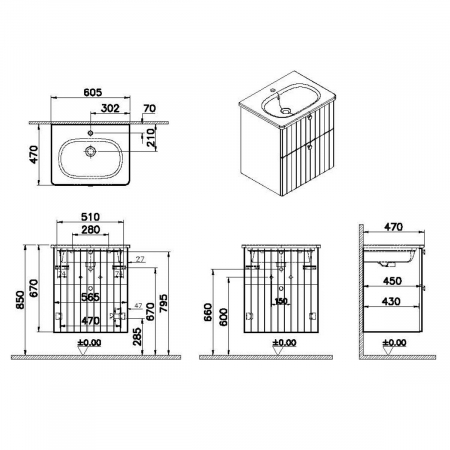 Unitate de baza lavoar baie, cu doua sertare 60cm mat retro green, cu rounded lavoar / chiuveta baie | 69421 [1]