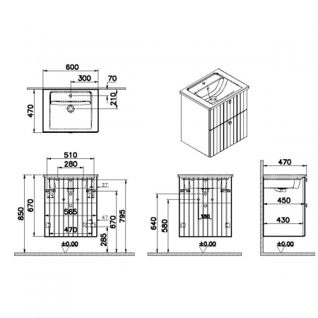 Unitate de baza lavoar baie, cu doua sertare 60cm alb mat, cu angular lavoar / chiuveta baie | 69408 [1]