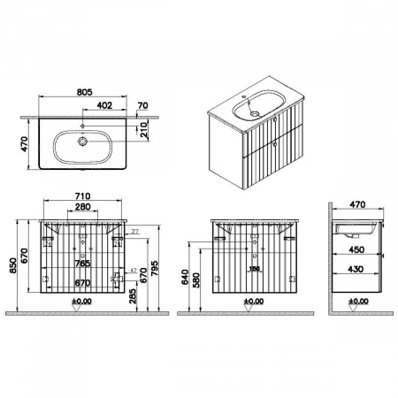 Unitate de baza lavoar baie, cu doua sertare 80cm, mat gri deschis, cu rounded lavoar / chiuveta baie | 69437 [1]