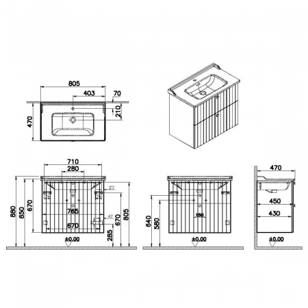 Unitate de baza lavoar baie, cu doua sertare 80cm, alb mat, cu classical lavoar / chiuveta baie | 69443 [1]