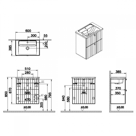 Unitate de baza lavoar baie, cu doua sertare, compact 60cm mat gri deschis, cu angular lavoar / chiuveta baie | 69234 [1]