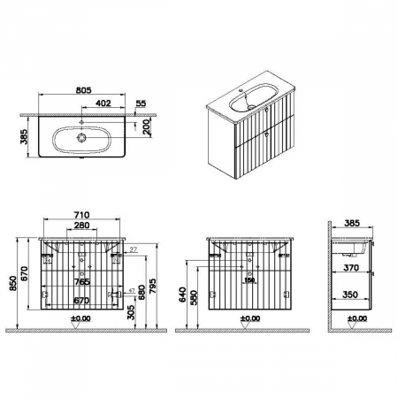 Unitate de baza lavoar baie, cu doua sertare, compact 80cm, mat gri deschis, cu rounded lavoar / chiuveta baie | 69255 [1]