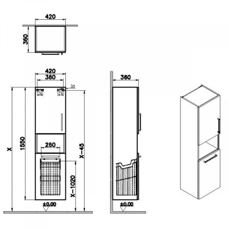 tall unit, 40cm, scurt, cu laundry basket, mat storm grey, stanga | 68007 [1]