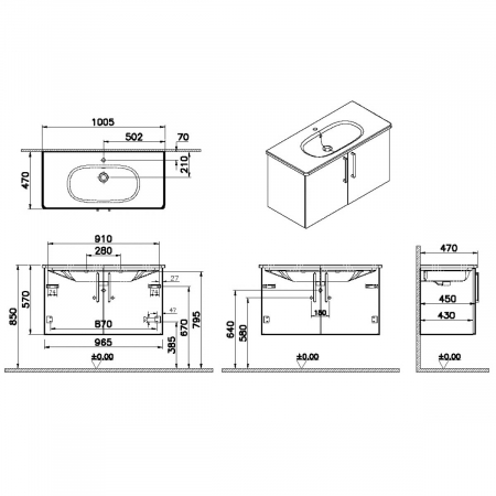 Unitate de baza lavoar baie, cu usi 100cm, walnut, cu rounded lavoar / chiuveta baie | 66313 [1]
