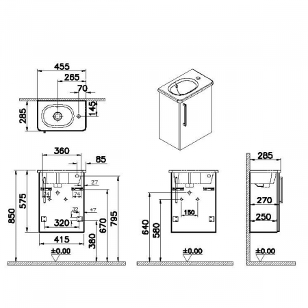 Unitate de baza lavoar baie, cu usi, 45cm, compact, cu dreapta orificiu pentru baterie, cordoba, cu rounded lavoar / chiuveta baie dreapta | 68073 [1]