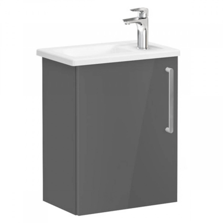 Mobilier de baie - Unitate de baza lavoar baie, cu usi, 45cm, compact, cu dreapta orificiu pentru baterie, inalt gloss anthracite, cu angular lavoar / chiuveta baie stanga | 66340