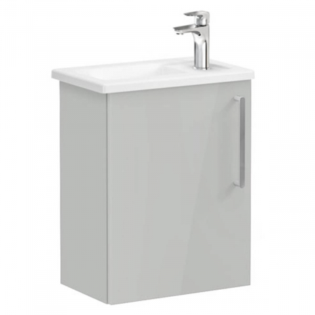 Mobilier de baie - Unitate de baza lavoar baie, cu usi, 45cm, compact, cu dreapta orificiu pentru baterie, inalt gloss pearl grey, cu angular lavoar / chiuveta baie stanga | 66346