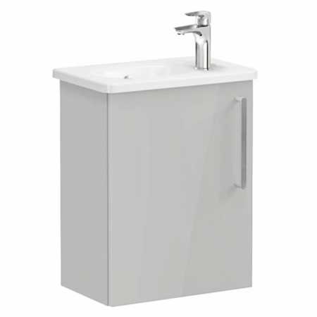 Mobilier de baie - Unitate de baza lavoar baie, cu usi, 45cm, compact, cu dreapta orificiu pentru baterie, inalt gloss pearl grey, cu rounded lavoar / chiuveta baie stanga | 66347