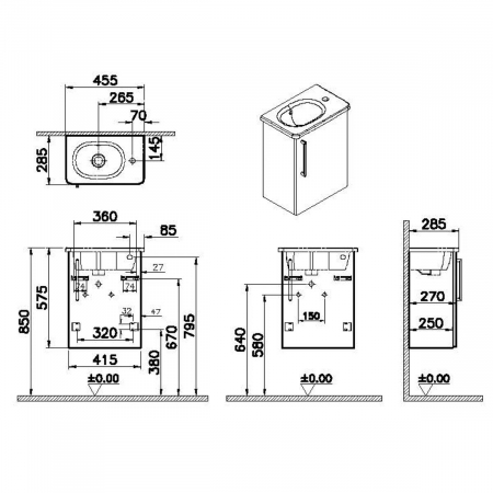 Unitate de baza lavoar baie, cu usi, 45cm, compact, cu dreapta orificiu pentru baterie, inalt gloss pearl grey, cu rounded lavoar / chiuveta baie dreapta | 66335 [1]