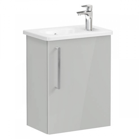 Mobilier de baie - Unitate de baza lavoar baie, cu usi, 45cm, compact, cu dreapta orificiu pentru baterie, inalt gloss pearl grey, cu rounded lavoar / chiuveta baie dreapta | 66335