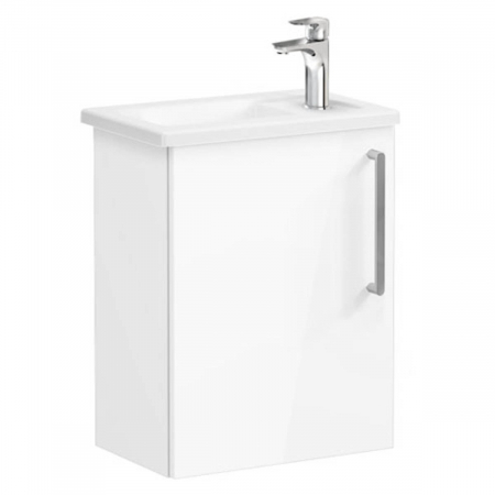 Mobilier de baie - Unitate de baza lavoar baie, cu usi, 45cm, compact, cu dreapta orificiu pentru baterie, inalt gloss alb, cu angular lavoar / chiuveta baie stanga | 66342
