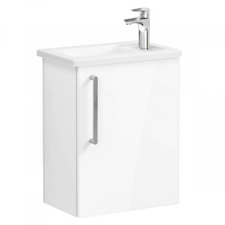 Mobilier de baie - Unitate de baza lavoar baie, cu usi, 45cm, compact, cu dreapta orificiu pentru baterie, inalt gloss alb, cu angular lavoar / chiuveta baie dreapta | 66330