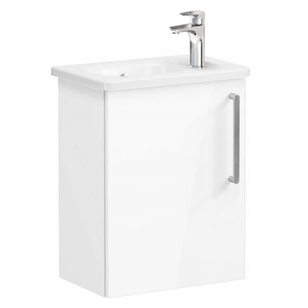 Mobilier de baie - Unitate de baza lavoar baie, cu usi, 45cm, compact, cu dreapta orificiu pentru baterie, inalt gloss alb, cu rounded lavoar / chiuveta baie stanga | 66343