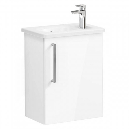 Mobilier de baie - Unitate de baza lavoar baie, cu usi, 45cm, compact, cu dreapta orificiu pentru baterie, inalt gloss alb, cu rounded lavoar / chiuveta baie dreapta | 66331