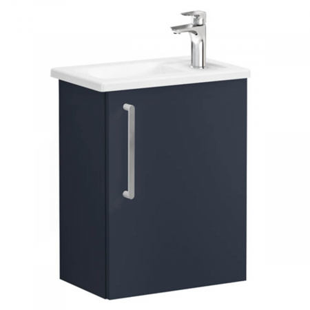 Mobilier de baie - Unitate de baza lavoar baie, cu usi, 45cm, compact, cu dreapta orificiu pentru baterie, mat dark albastru, cu angular lavoar / chiuveta baie dreapta | 68064