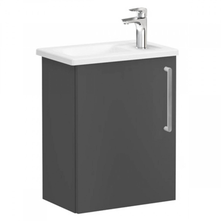 Mobilier de baie - Unitate de baza lavoar baie, cu usi, 45cm, compact, cu dreapta orificiu pentru baterie, mat storm grey, cu angular lavoar / chiuveta baie stanga | 68059