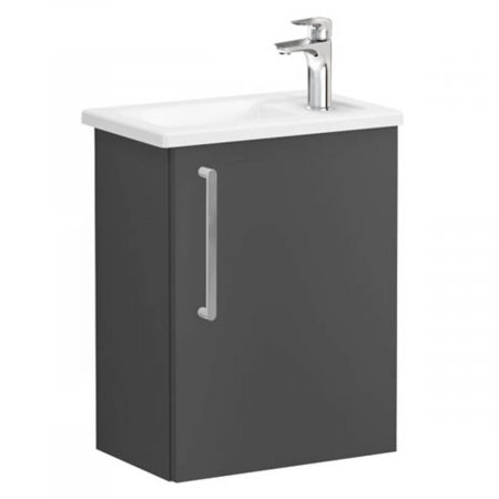 Mobilier de baie - Unitate de baza lavoar baie, cu usi, 45cm, compact, cu dreapta orificiu pentru baterie, mat storm grey, cu angular lavoar / chiuveta baie dreapta | 68063
