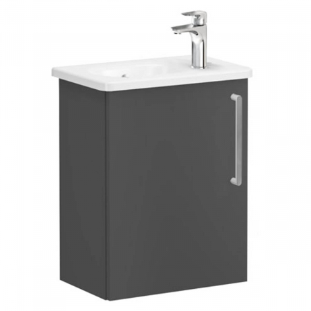 Mobilier de baie - Unitate de baza lavoar baie, cu usi, 45cm, compact, cu dreapta orificiu pentru baterie, mat storm grey, cu rounded lavoar / chiuveta baie stanga | 68067