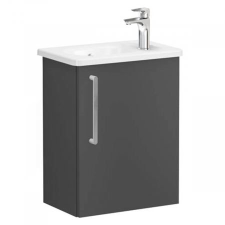 Mobilier de baie - Unitate de baza lavoar baie, cu usi, 45cm, compact, cu dreapta orificiu pentru baterie, mat storm grey, cu rounded lavoar / chiuveta baie dreapta | 68071