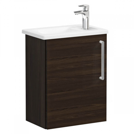 Mobilier de baie - Unitate de baza lavoar baie, cu usi, 45cm, compact, cu dreapta orificiu pentru baterie, walnut, cu angular lavoar / chiuveta baie stanga | 66336