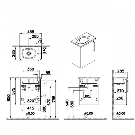 Unitate de baza lavoar baie, cu usi, 45cm, compact, cu dreapta orificiu pentru baterie, walnut, cu rounded lavoar / chiuveta baie stanga | 66337 [1]