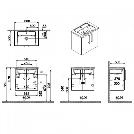 Unitate de baza lavoar baie, cu usi 60cm compact, mat dark albastru, cu angular lavoar / chiuveta baie | 68076 [1]
