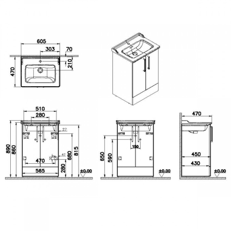 Unitate de baza lavoar baie, cu usi 60cm pe pardoseala, inalt gloss pearl grey, cu classical lavoar / chiuveta baie | 68193 [1]